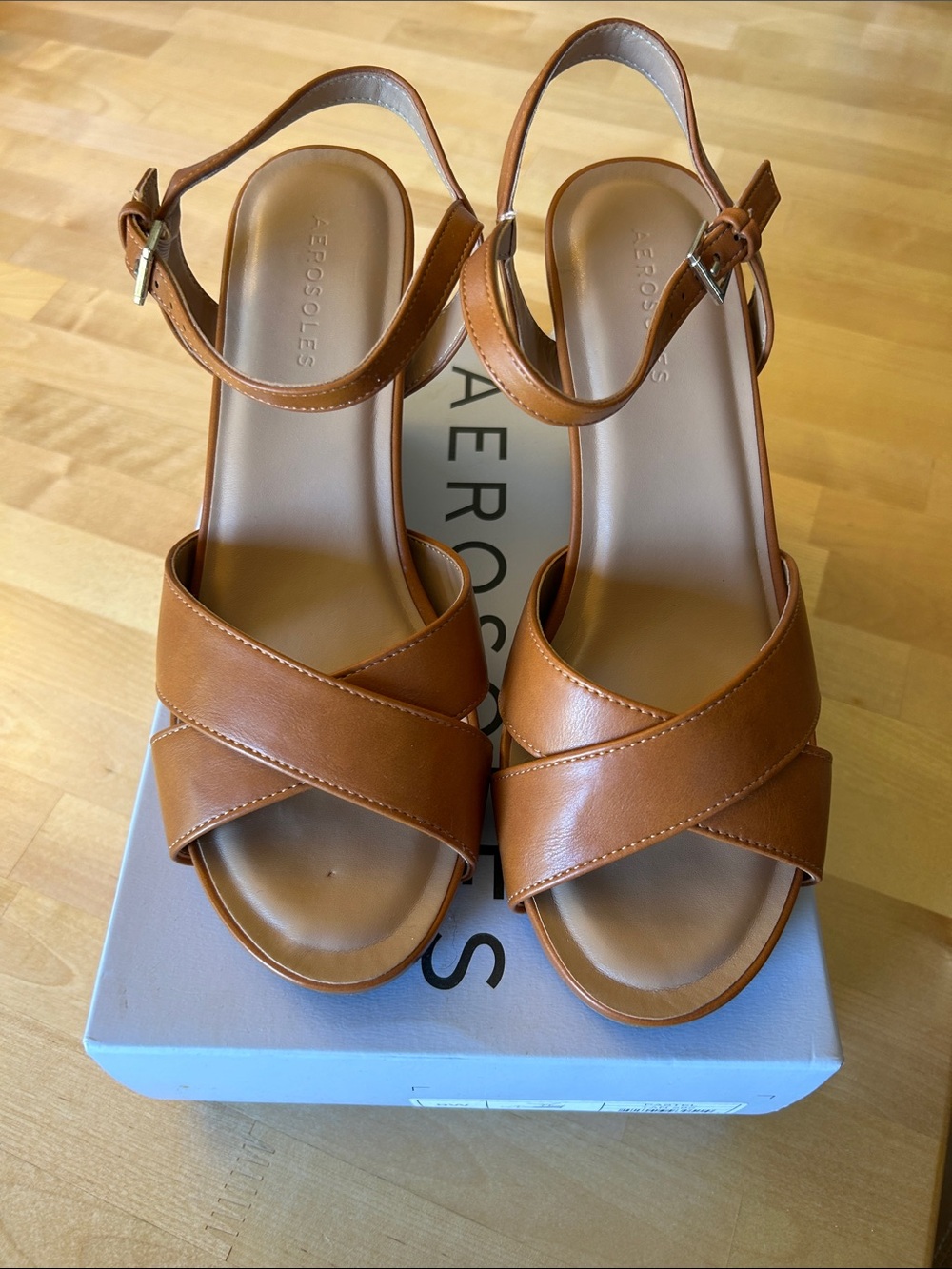 AEROSOLES Cognac Crisscross Ankle-Strap Sandals